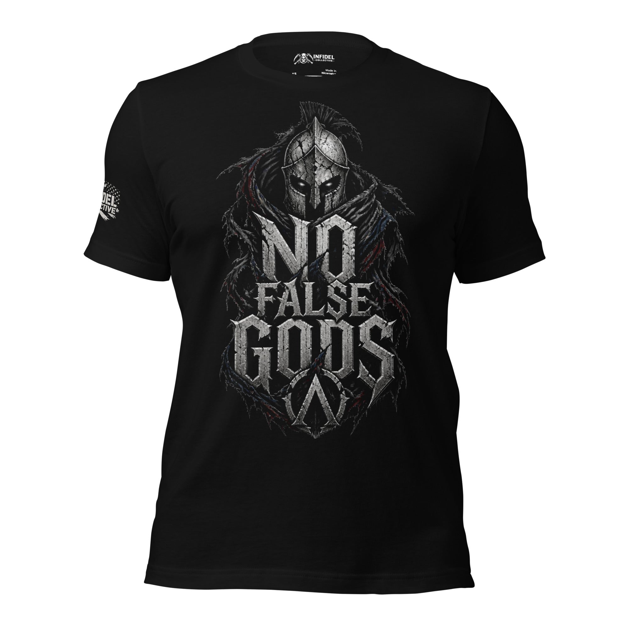 No False Gods Infidel Spartan graphic black tee from Infidel Collective
