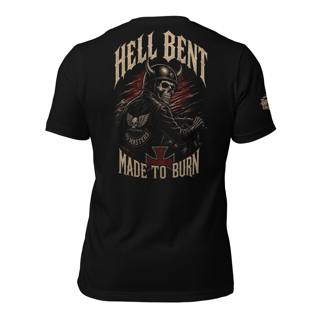 No Masters Hell Bent biker skull back print black tee from Infidel Collective