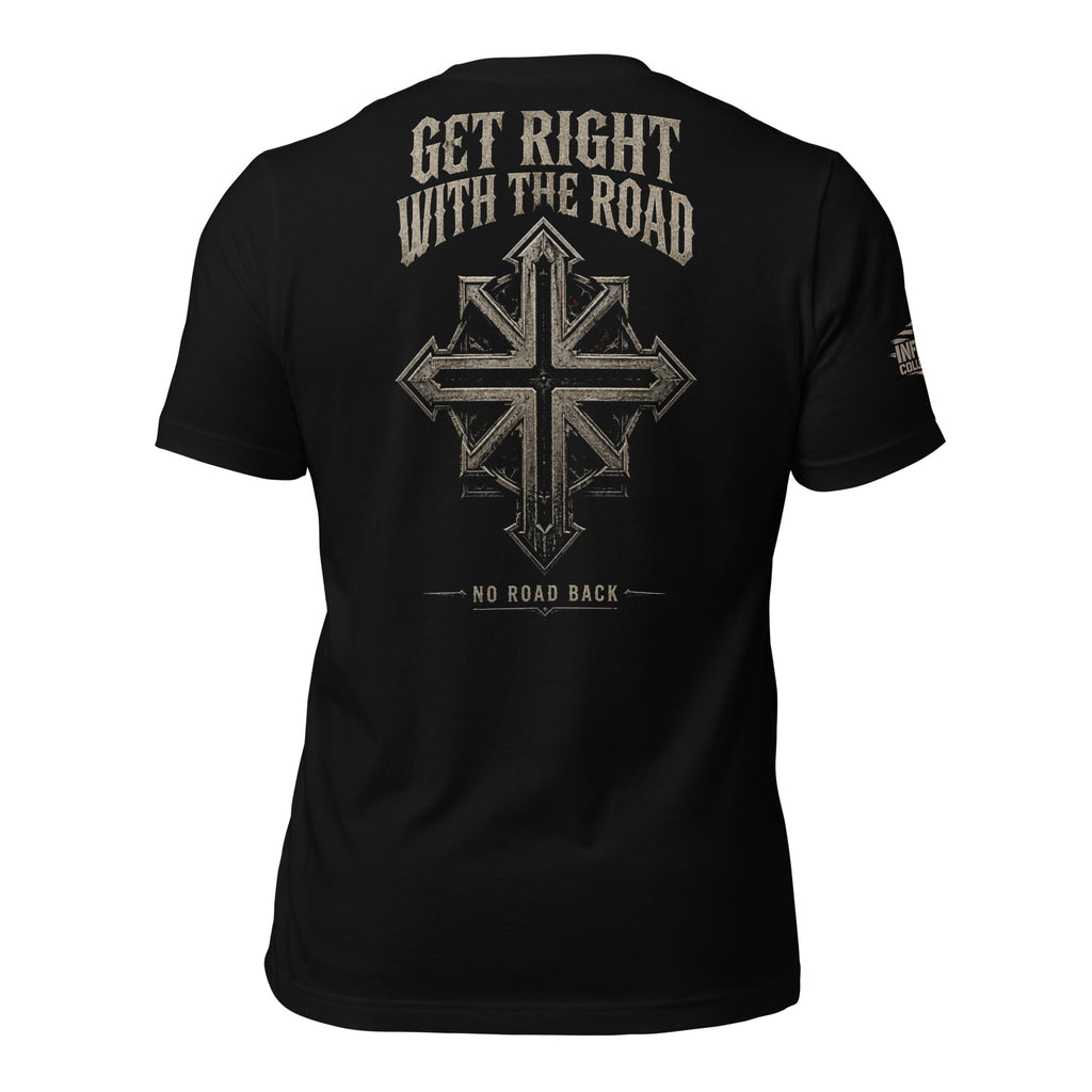 No Road Back iron cross back print black tee from Infidel Collective