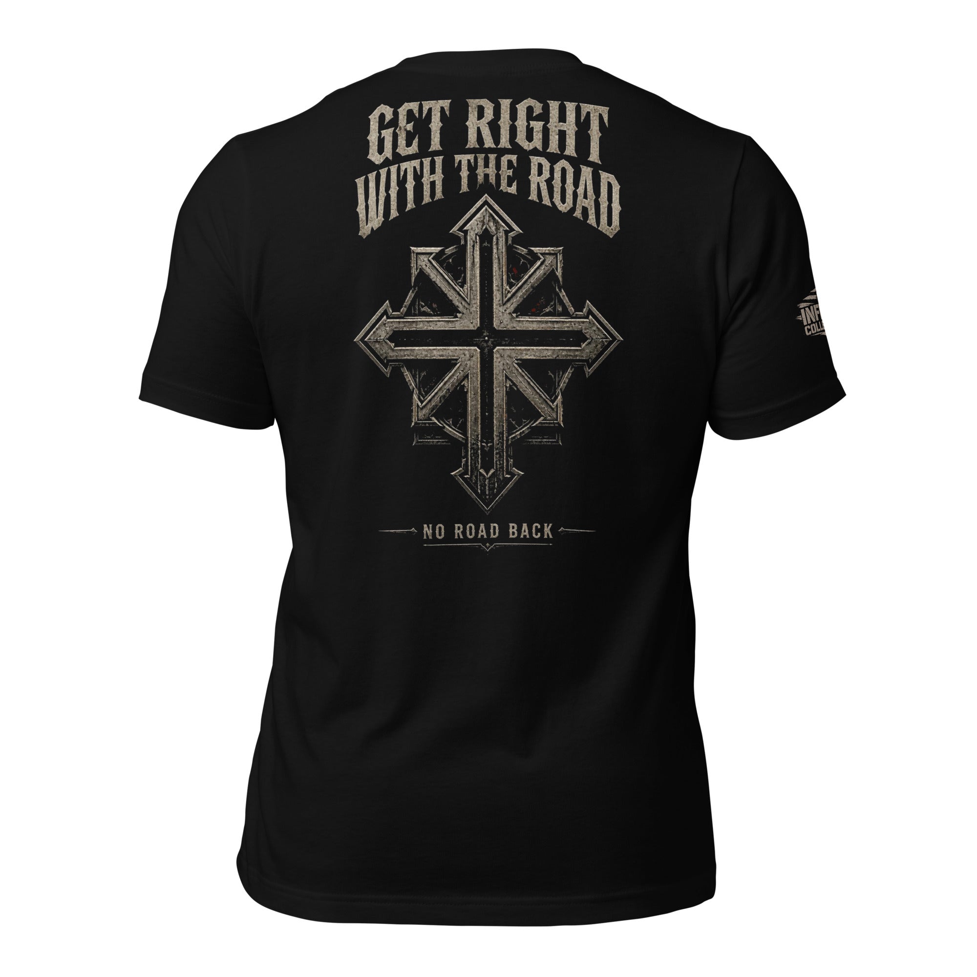 No Road Back iron cross back print black tee from Infidel Collective