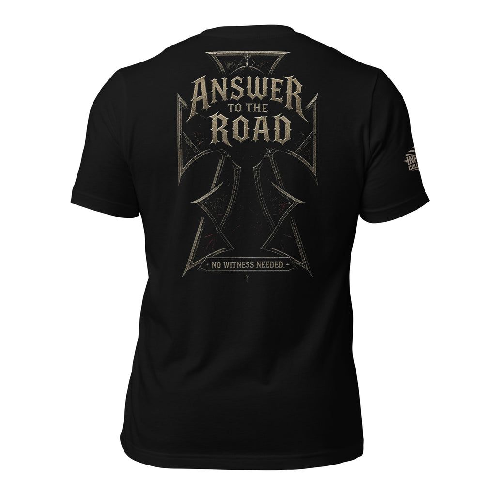 No Road Back iron cross back print black tee from Infidel Collective