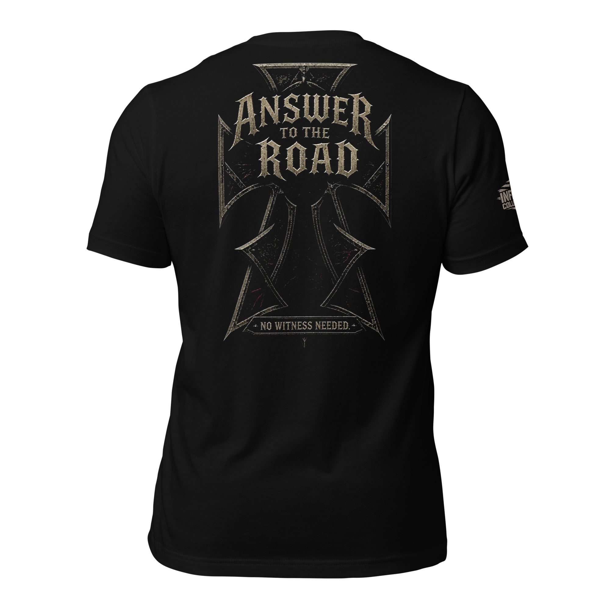No Road Back iron cross back print black tee from Infidel Collective