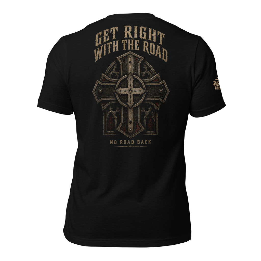 No Road Back iron cross back print black tee from Infidel Collective