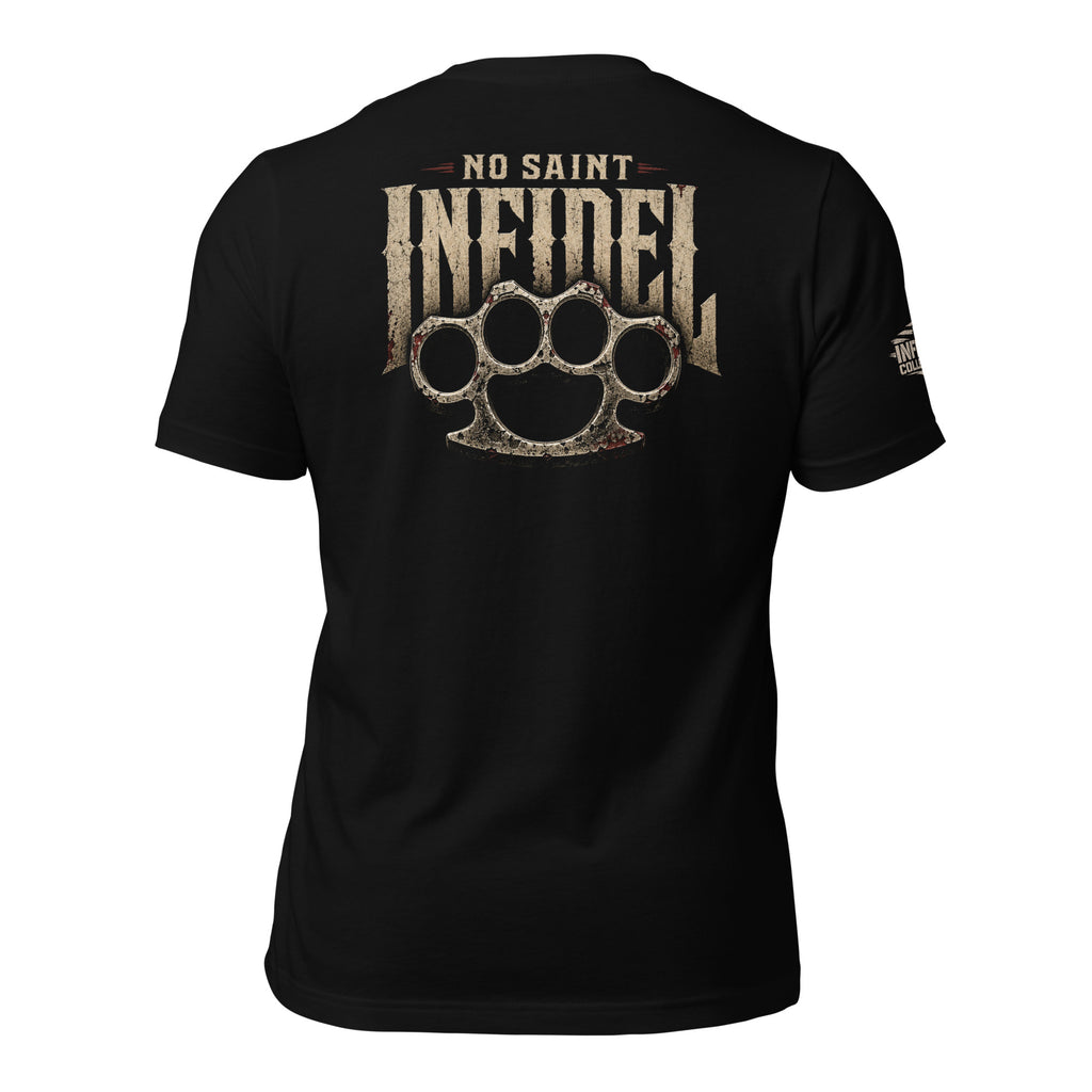 No Saint Infidel brass knuckle graphic black tee from Infidel Collective