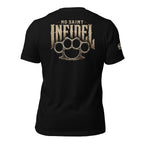 No Saint Infidel brass knuckle graphic black tee from Infidel Collective