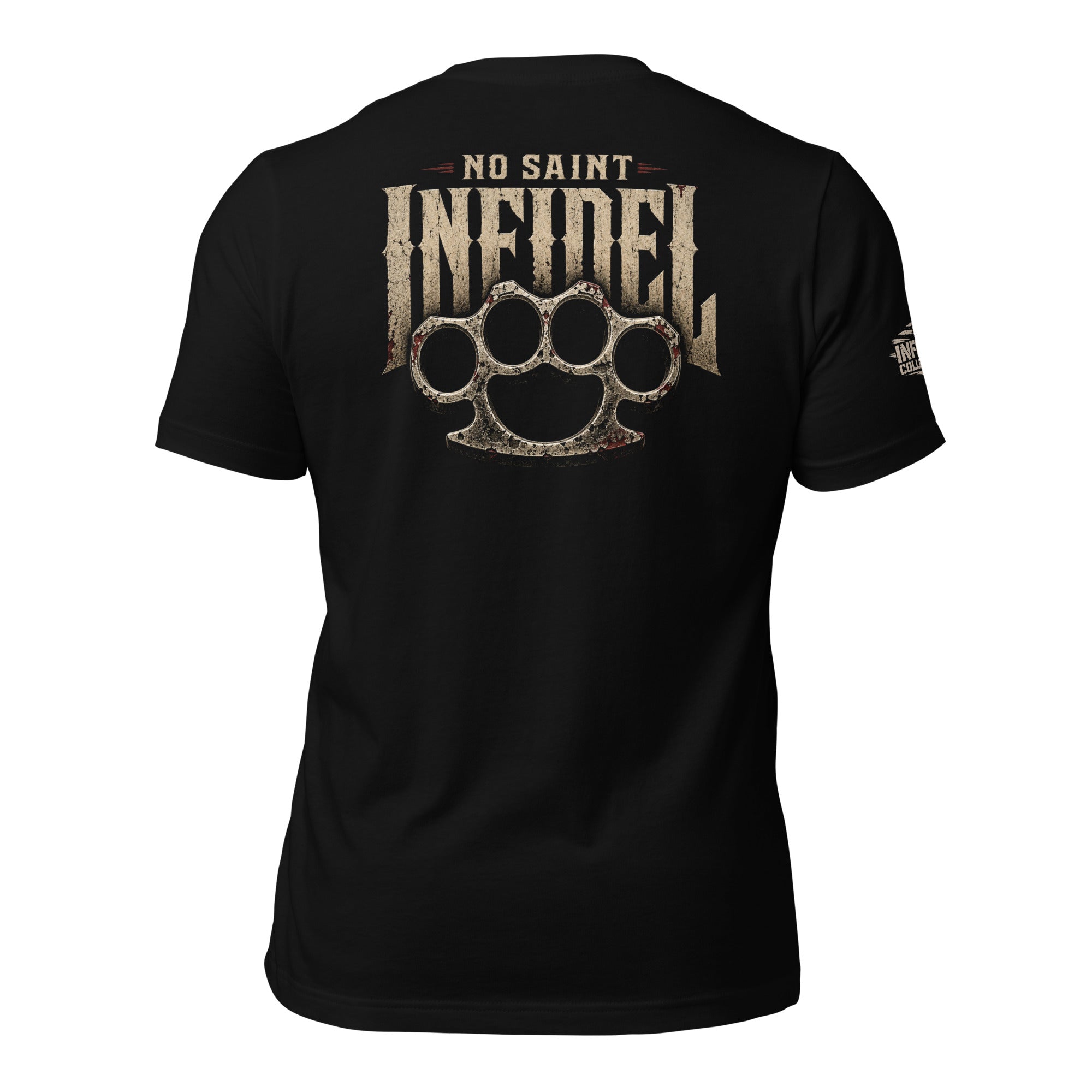 No Saint Infidel brass knuckle graphic black tee from Infidel Collective