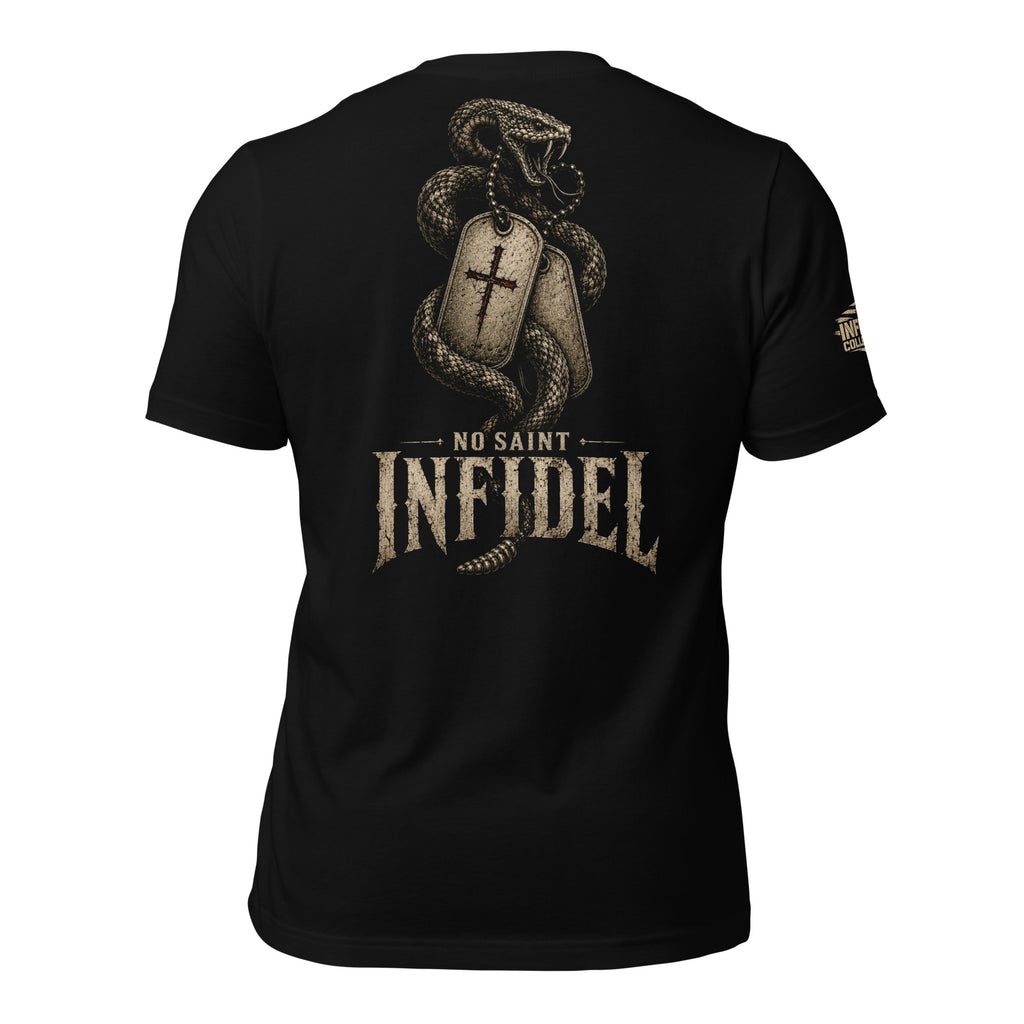No Saint Infidel serpent dog tag back print black tee from Infidel Collective