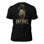 No Saint Infidel serpent dog tag back print black tee from Infidel Collective