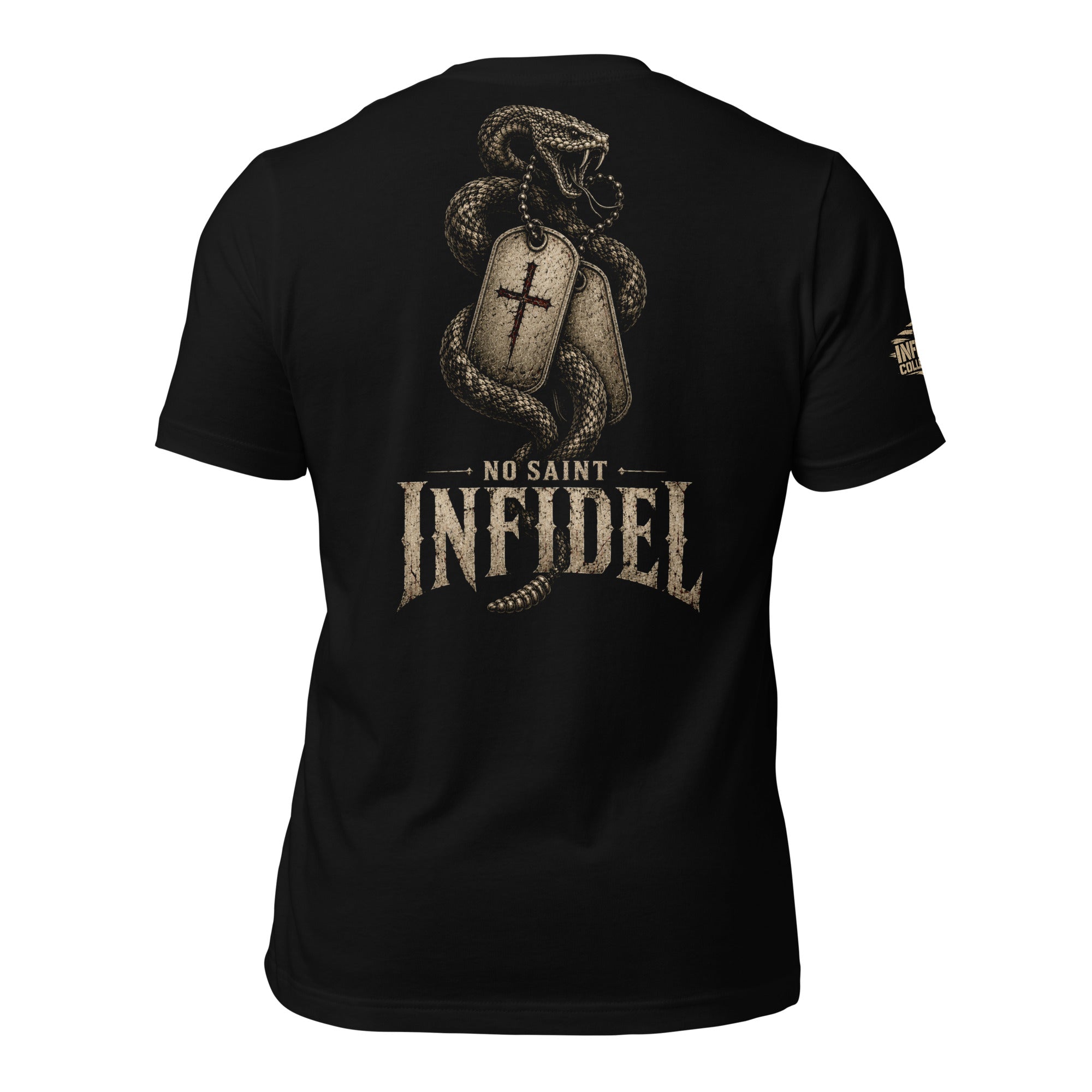 No Saint Infidel serpent dog tag back print black tee from Infidel Collective