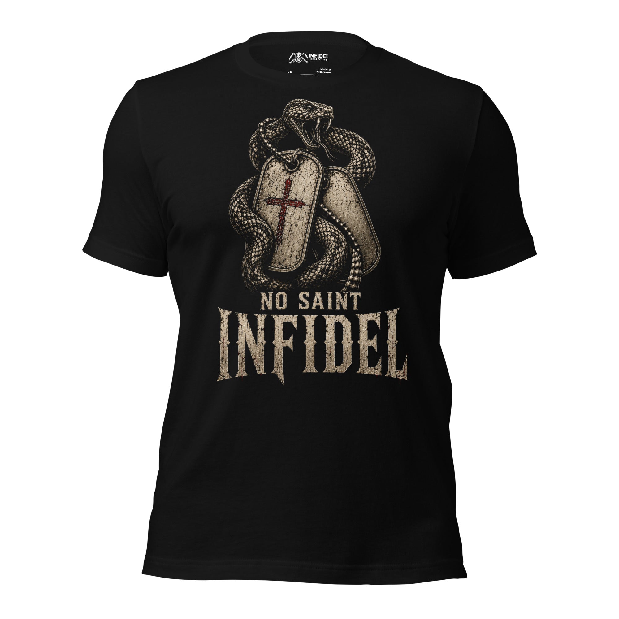 No Saint Infidel serpent dog tag front print black tee from Infidel Collective