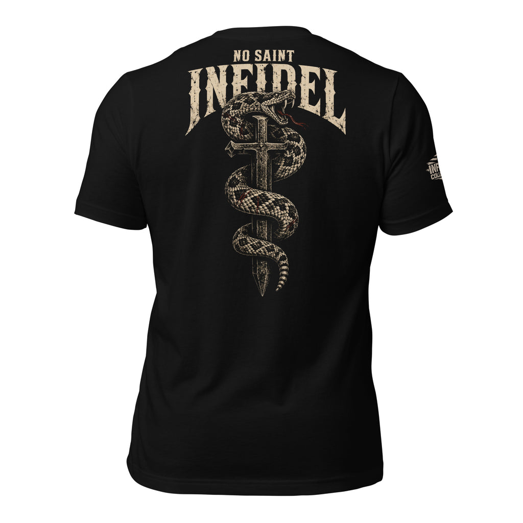 No Saint Infidel serpent cross back print black tee from Infidel Collective