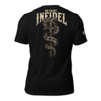 No Saint Infidel serpent cross back print black tee from Infidel Collective