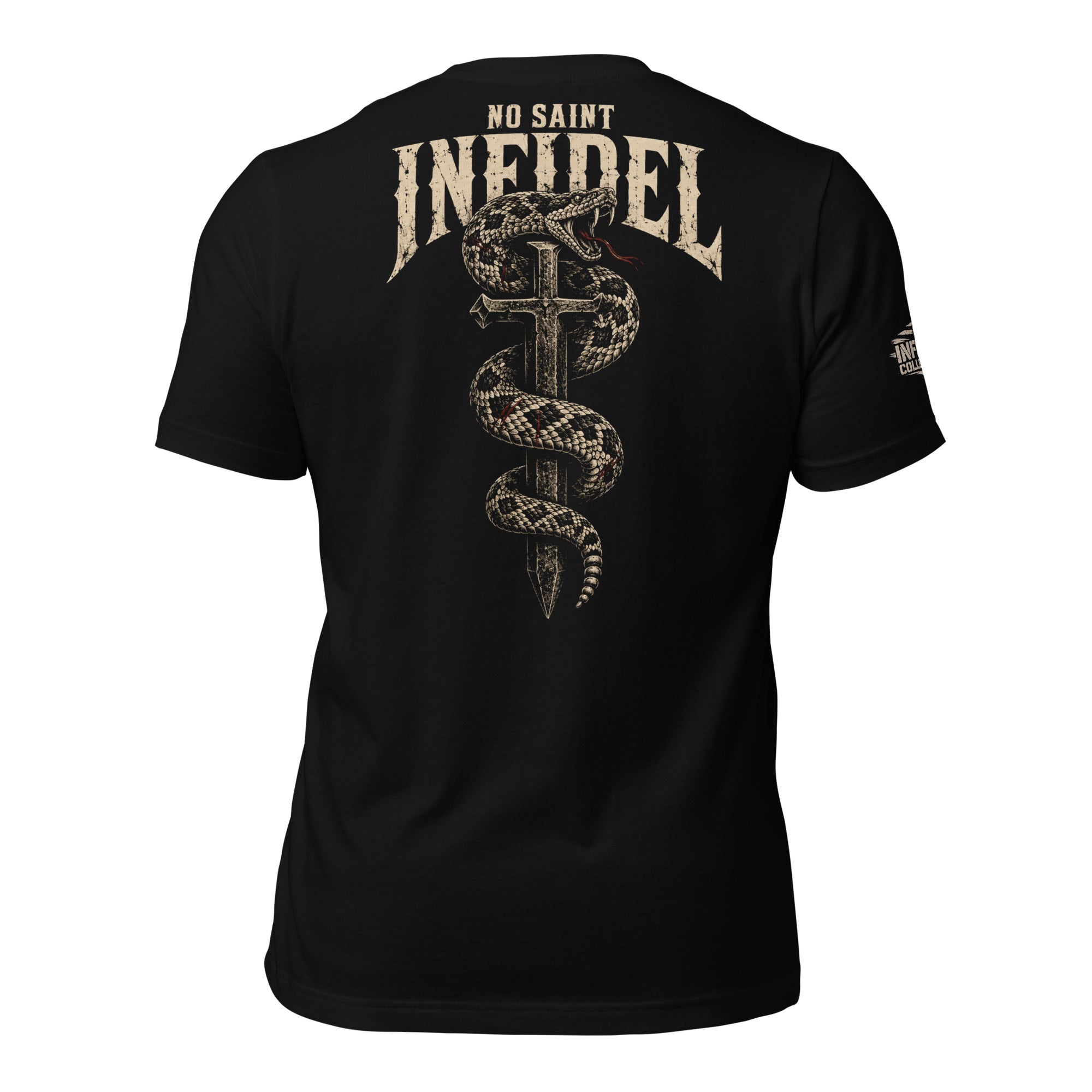 No Saint Infidel serpent cross back print black tee from Infidel Collective