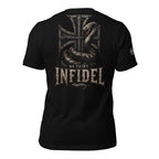 No Saint Infidel serpent iron cross back print black tee from Infidel Collective