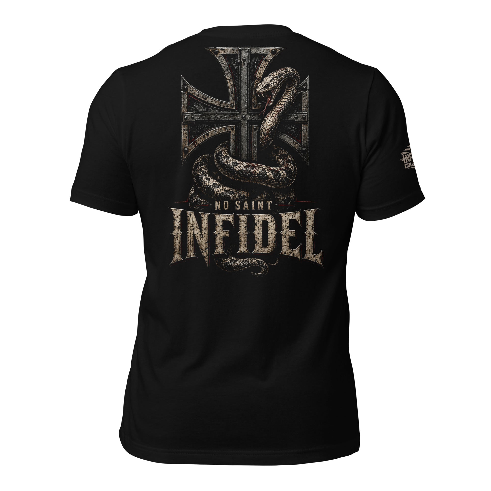 No Saint Infidel serpent iron cross back print black tee from Infidel Collective