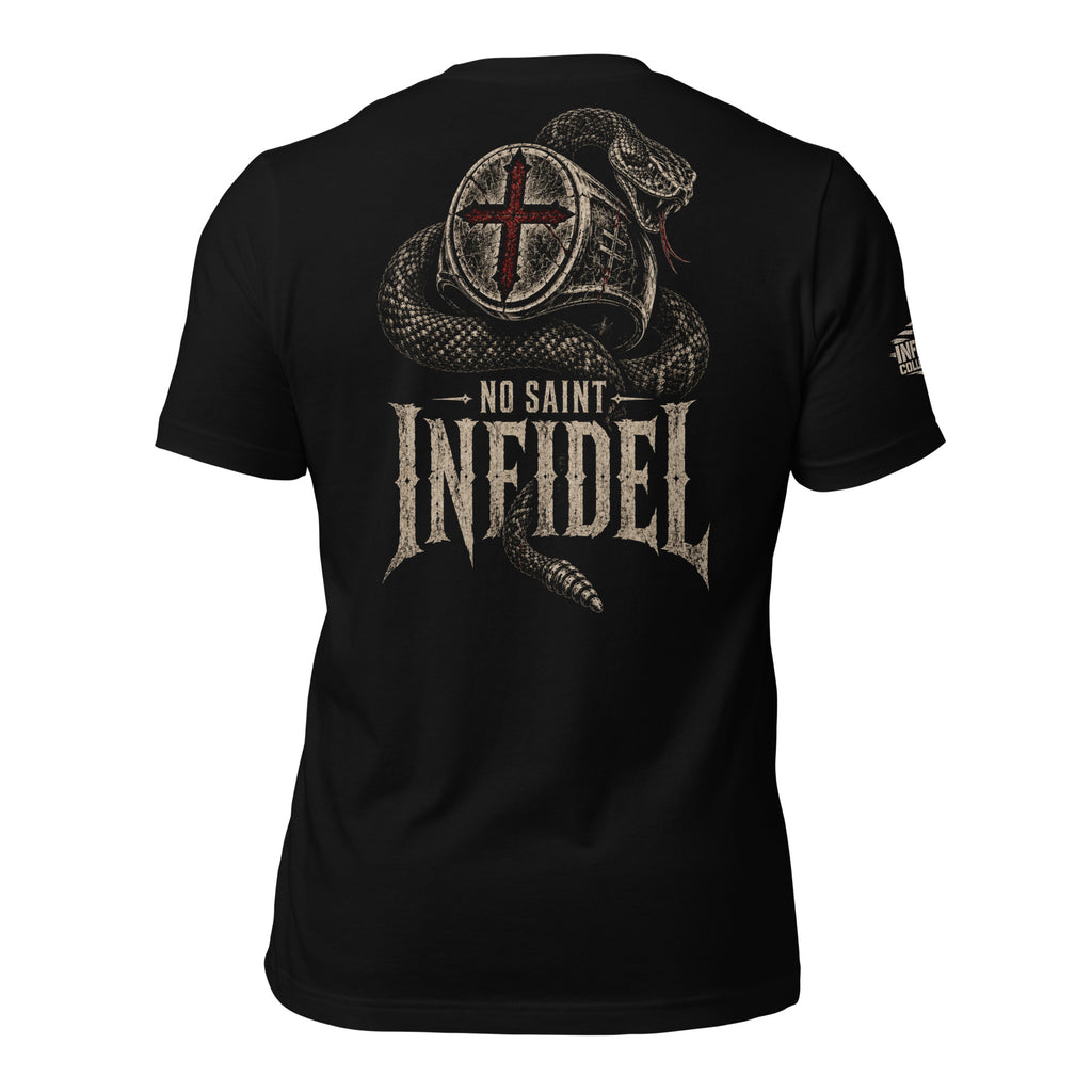 No Saint Infidel serpent ring graphic black tee from Infidel Collective