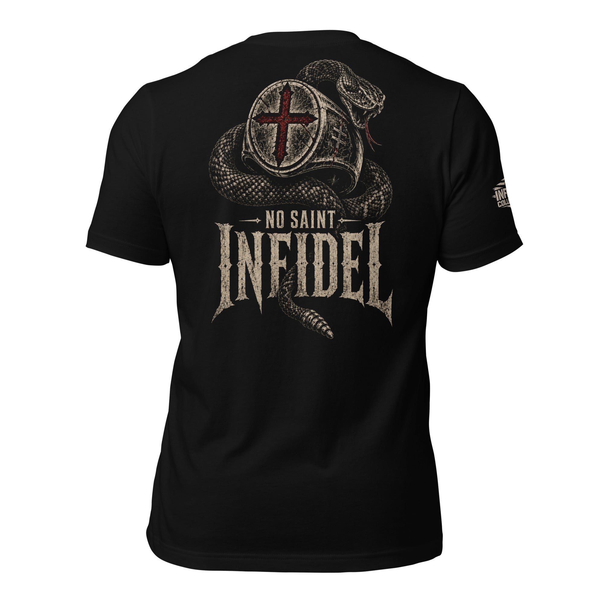 No Saint Infidel serpent ring graphic black tee from Infidel Collective