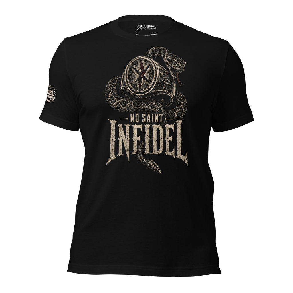 No Saint Infidel serpent ring graphic black tee from Infidel Collective