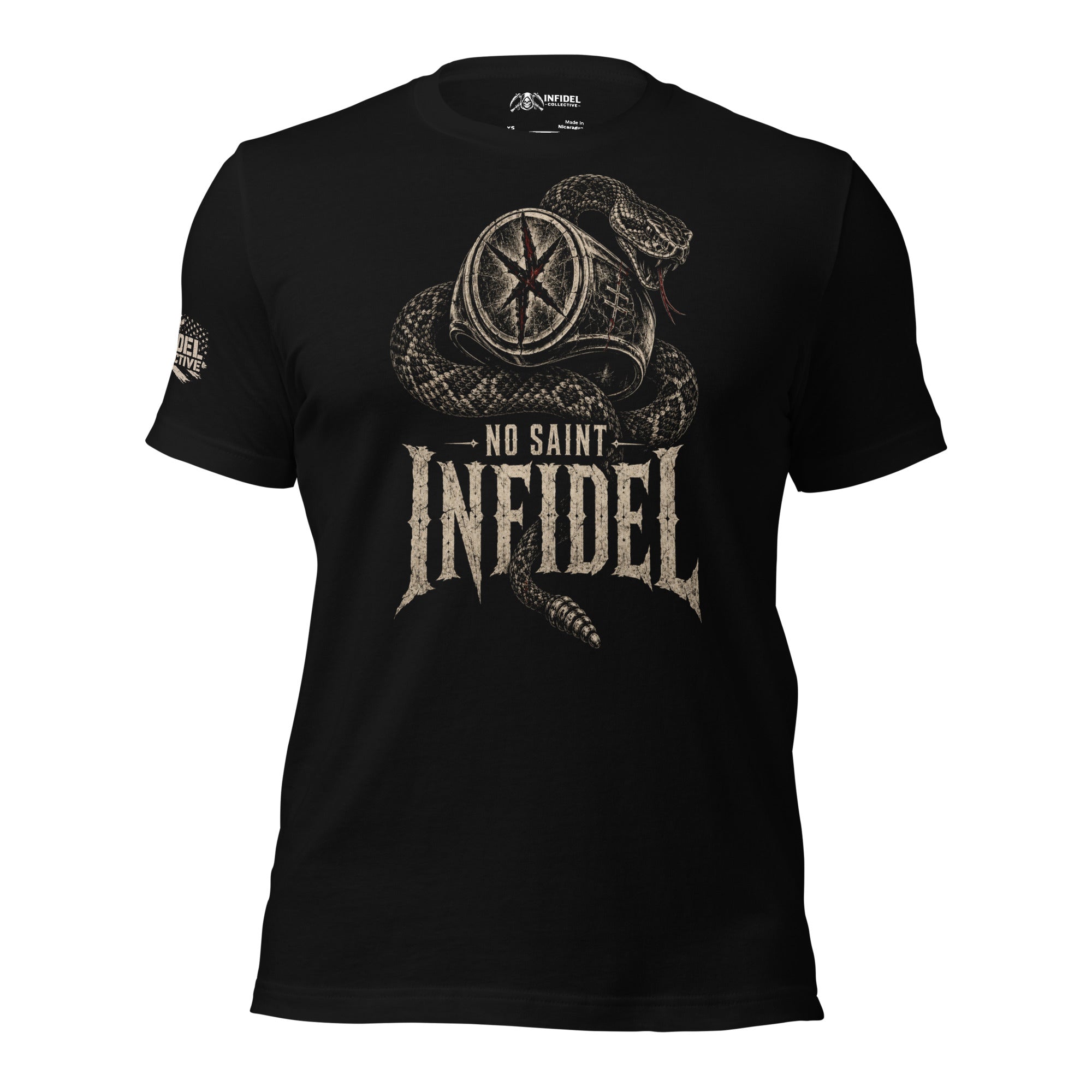 No Saint Infidel serpent ring graphic black tee from Infidel Collective