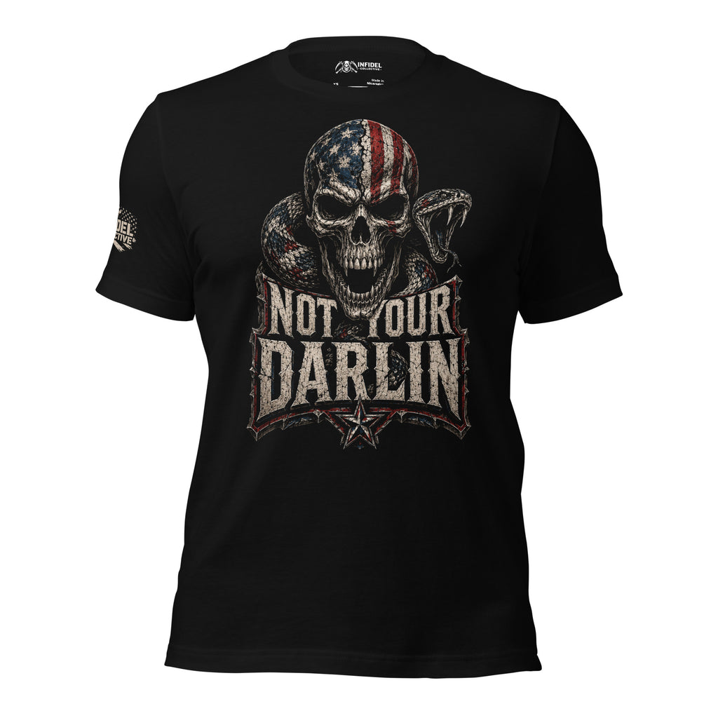 Not Your Darlin' graphic tee featuring an American flag skull wrapped by a rattlesnake on a black shirt