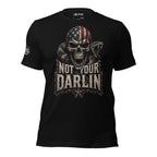 Not Your Darlin' graphic tee featuring an American flag skull wrapped by a rattlesnake on a black shirt