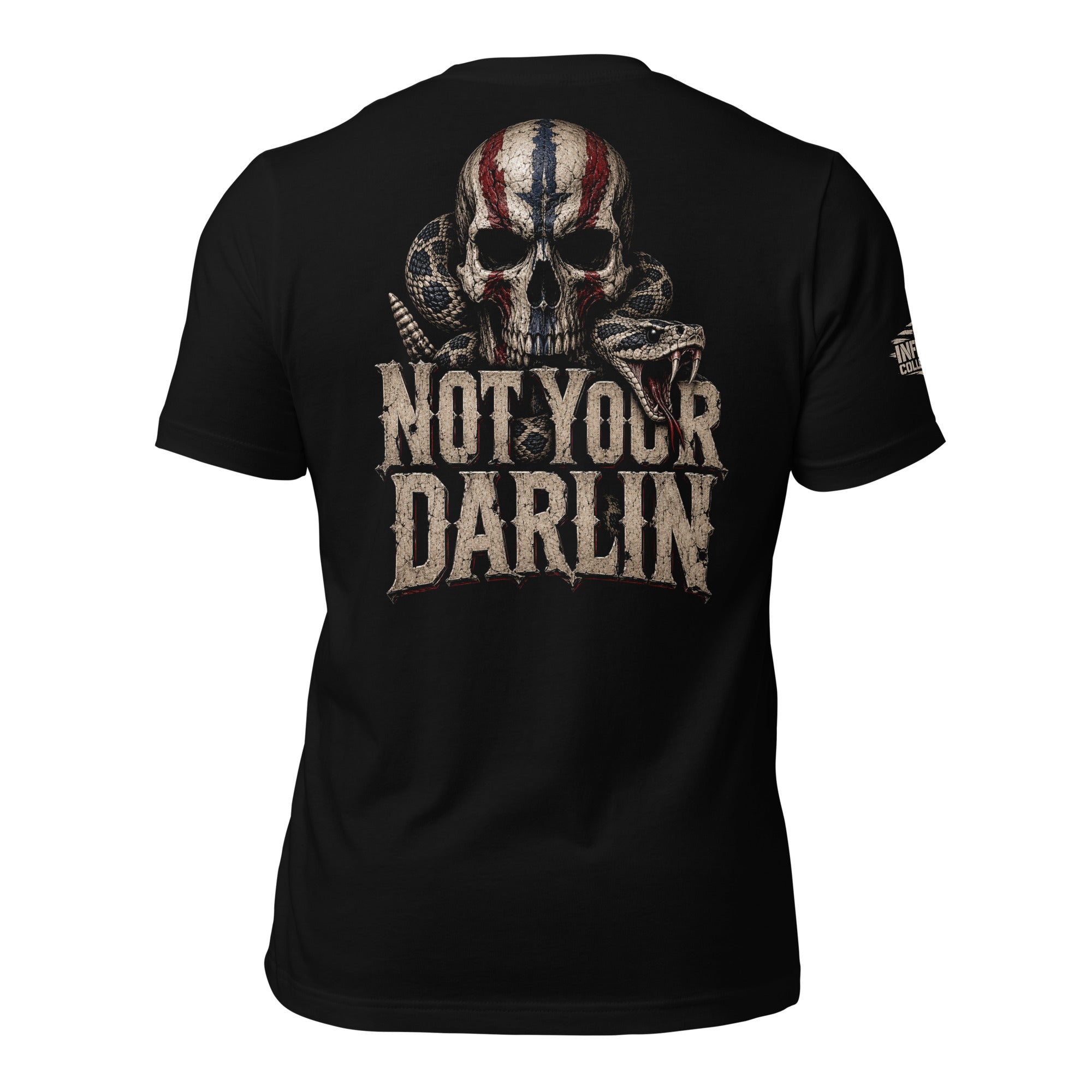 Not Your Darling back print graphic on black tee featuring a distressed skull with American flag markings and a coiled rattlesnake