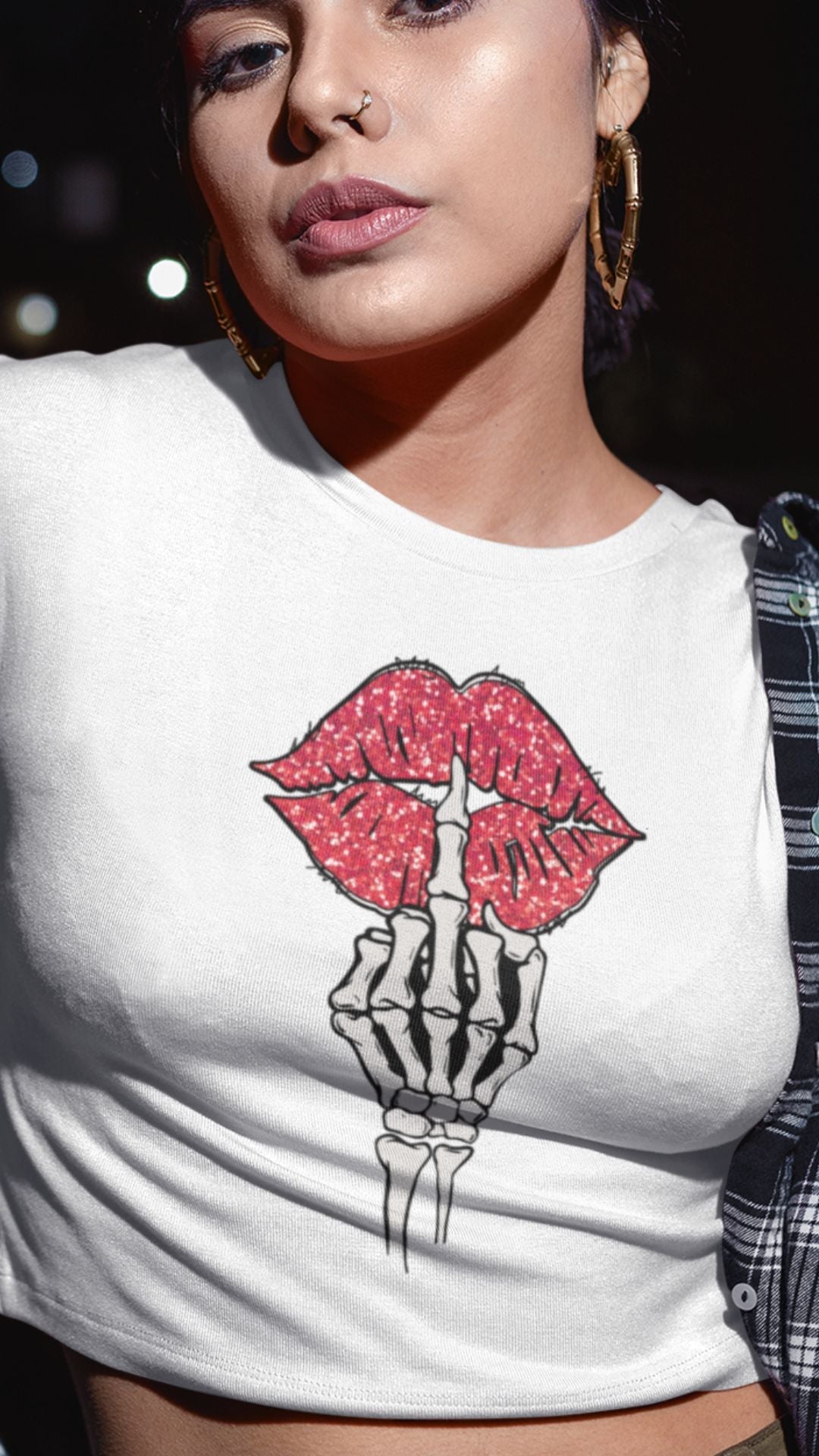 Crop Top  Crop Top NSFW – Skeleton Middle Finger Lips Graphic White Shirt Infidel Collective