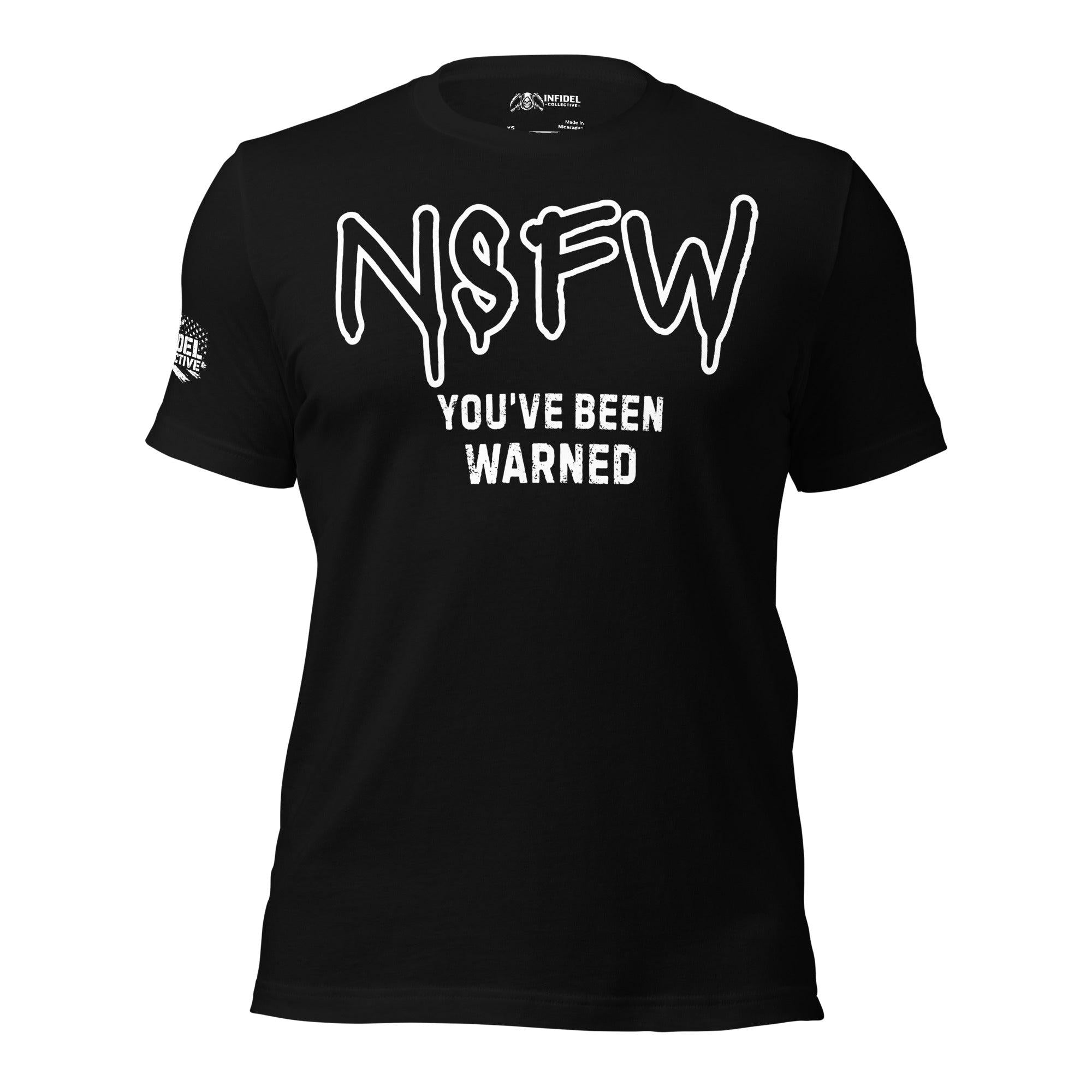 Black tee with NSFW You've Been Warned graphic in white graffiti-style lettering
