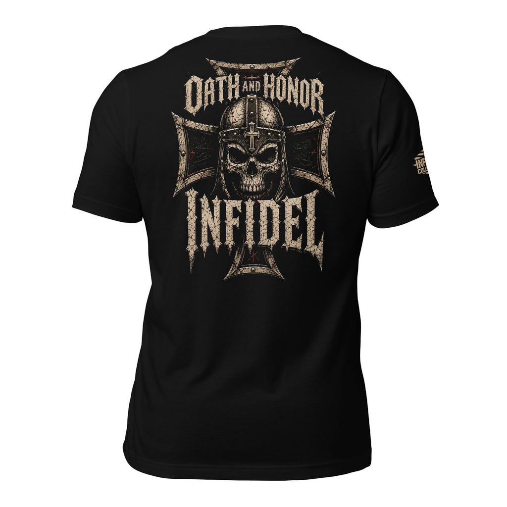 Death and Honor Infidel skull warrior helmet and iron cross back print black tee