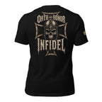 Death and Honor Infidel skull warrior helmet and iron cross back print black tee