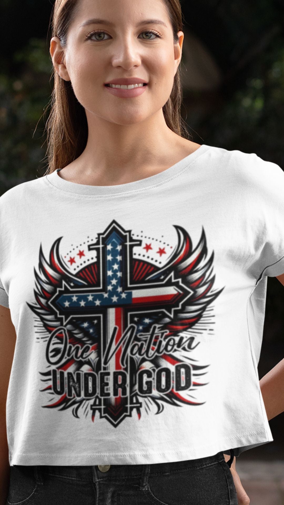 Crop Top  Patriotic Crop Top – Christian One Nation Under God White Fourth of July Shirt Infidel Collective