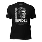 Original Infidel B-17 Flying Fortress Crew front print tee with skull wearing vintage aviator helmet and goggles on black shirt