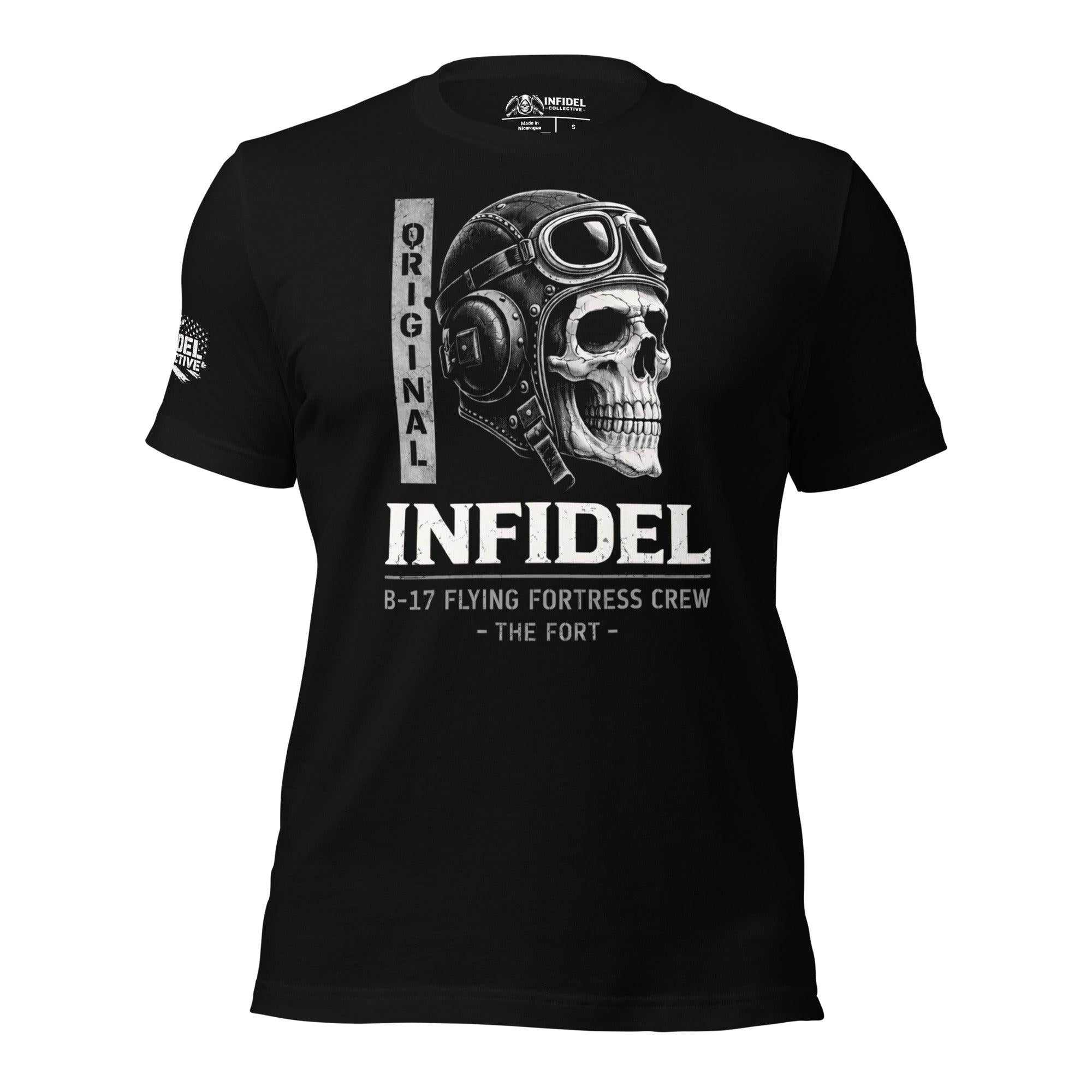 Original Infidel B-17 Flying Fortress Crew front print tee with skull wearing vintage aviator helmet and goggles on black shirt