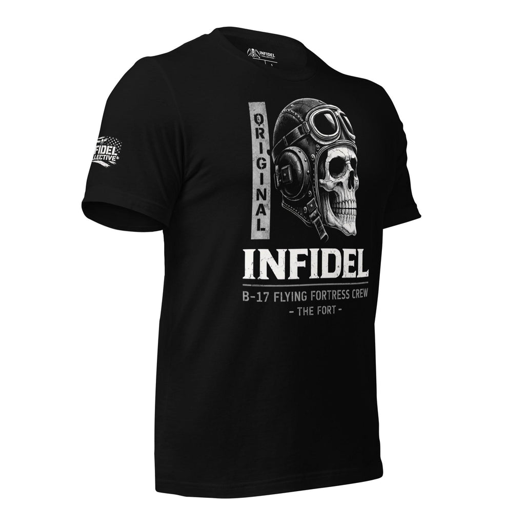Original Infidel B-17 Flying Fortress Crew front print tee with skull wearing vintage aviator helmet and goggles on black shirt
