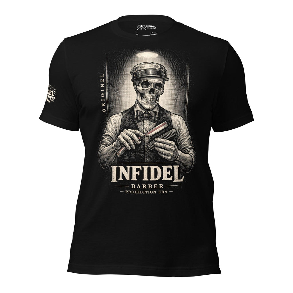 Black tee with Original Infidel Barber Prohibition Era front print featuring a skull barber holding a straight razor and comb