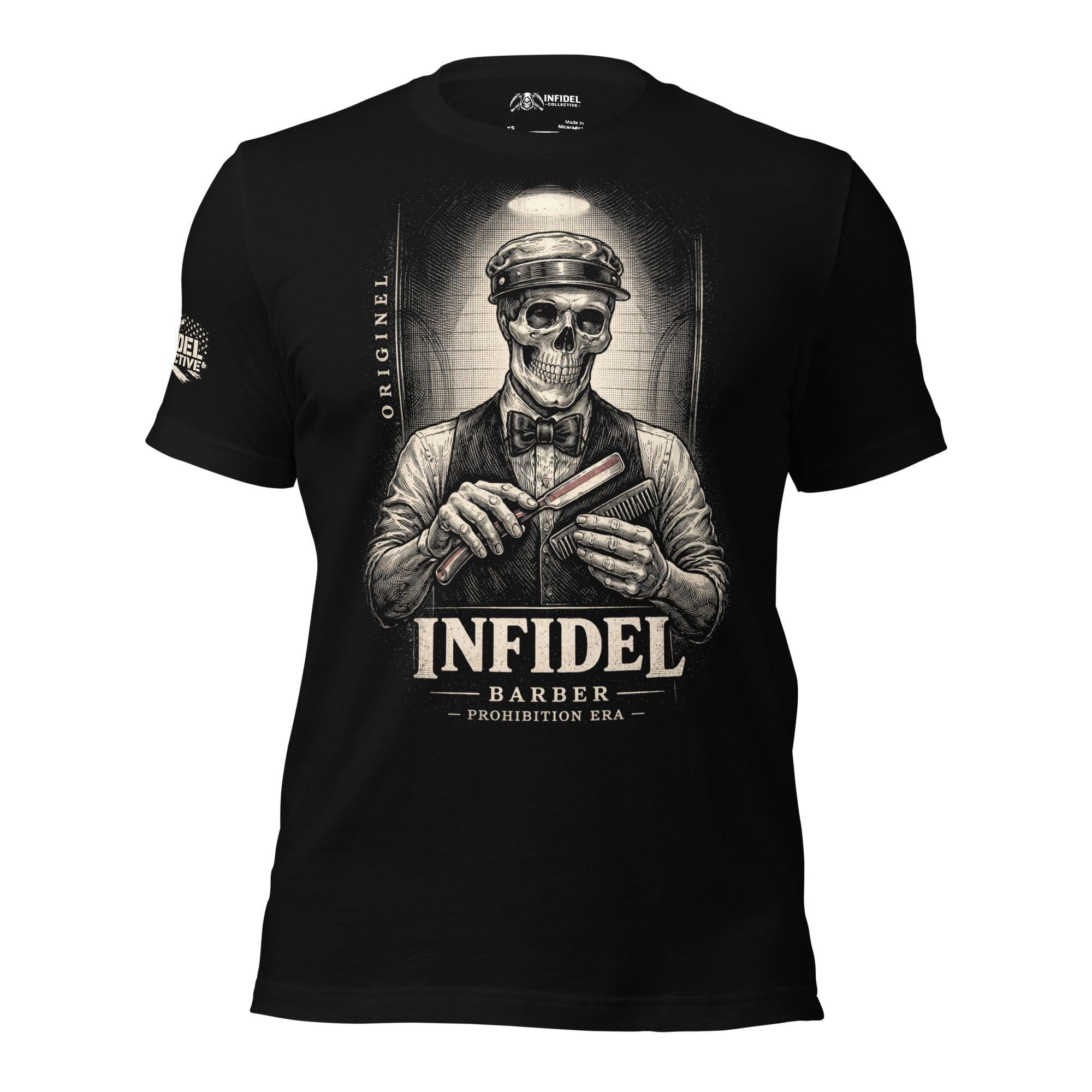 Black tee with Original Infidel Barber Prohibition Era front print featuring a skull barber holding a straight razor and comb