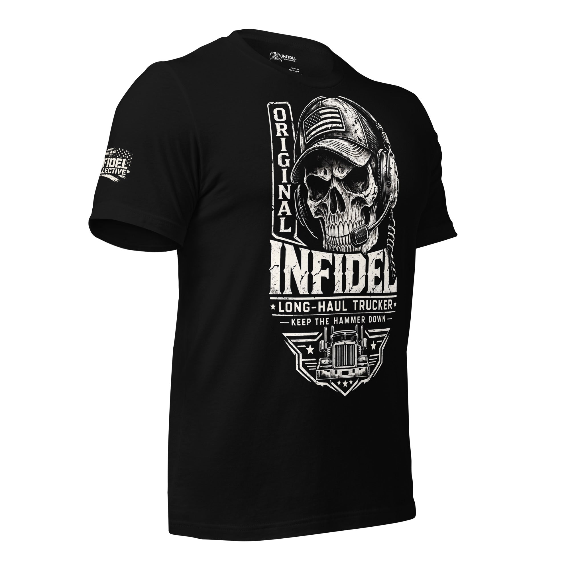 Black Original Infidel Long Haul Trucker tee with front print featuring skull wearing trucker cap and headset, semi truck graphic, and trucking text