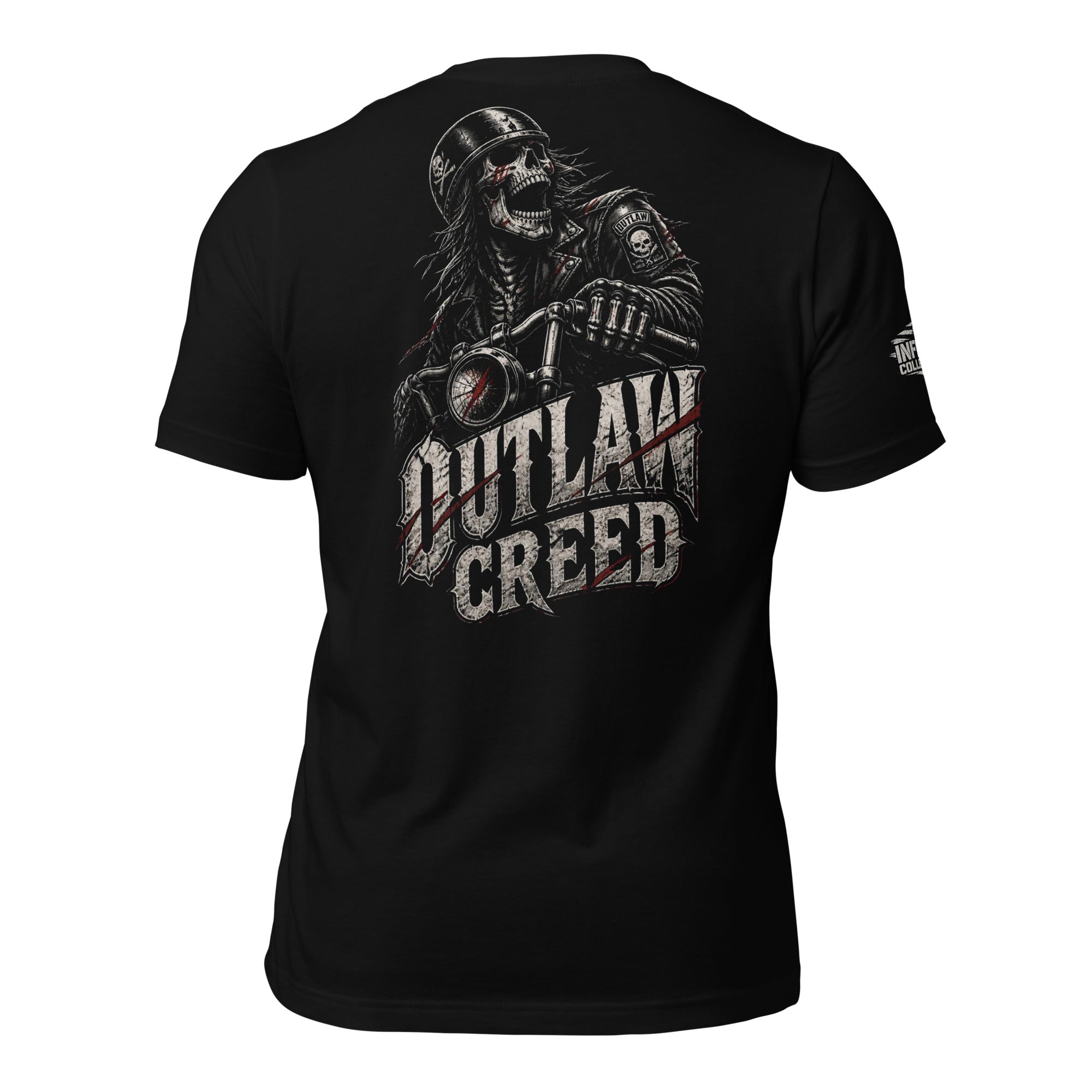 Outlaw Creed skull biker back print black tee from Infidel Collective