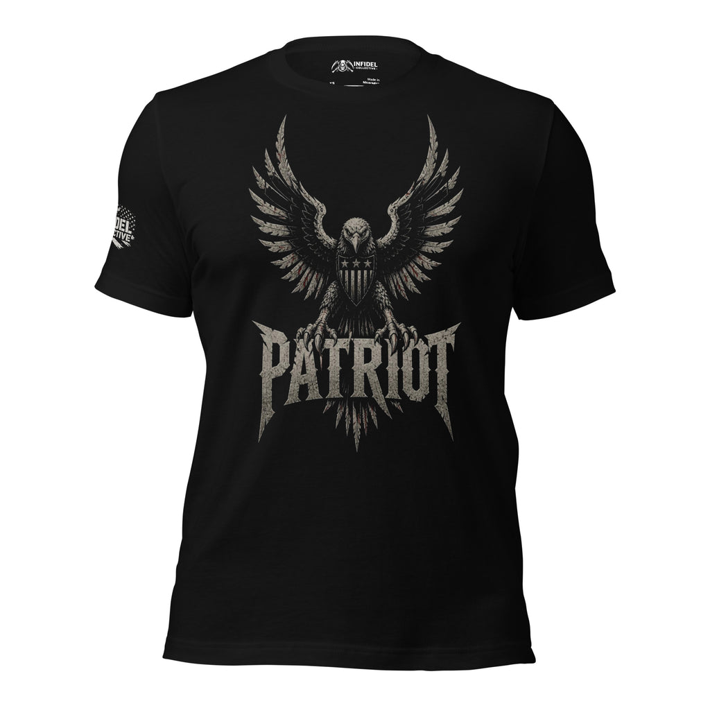 Patriot eagle shield front print black tee from Infidel Collective