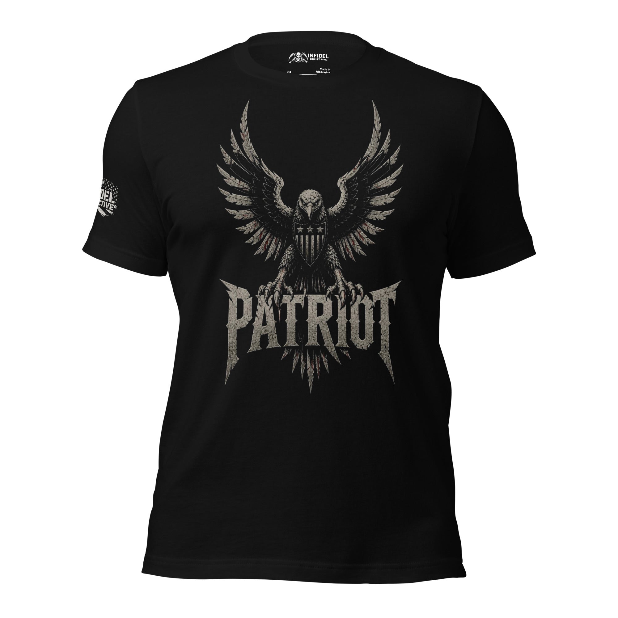 Patriot eagle shield front print black tee from Infidel Collective