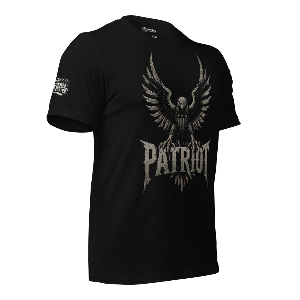 Patriot eagle shield front print black tee from Infidel Collective