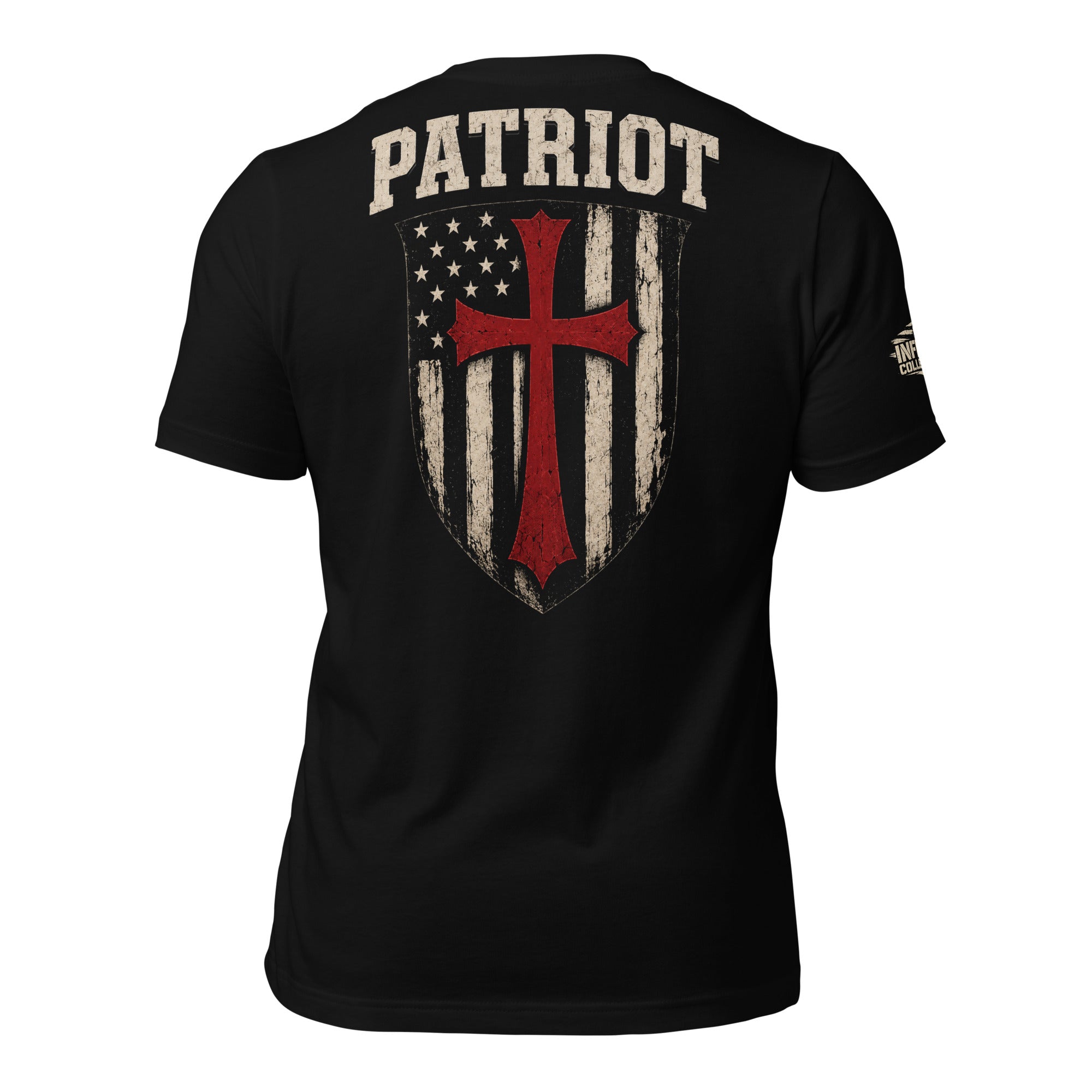 Patriot Shield back print black tee from Infidel Collective