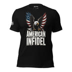 Black t-shirt featuring a diving bald eagle with red, white, and blue wings above distressed American Infidel lettering
