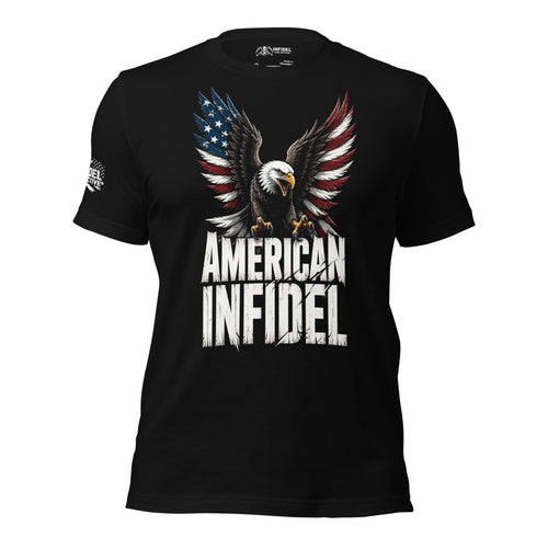 Front view of black tee featuring American Infidel bald eagle landing