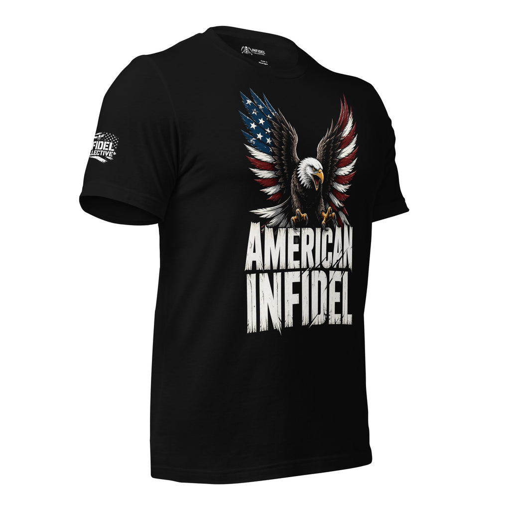Black t-shirt featuring a diving bald eagle with red, white, and blue wings above distressed American Infidel lettering