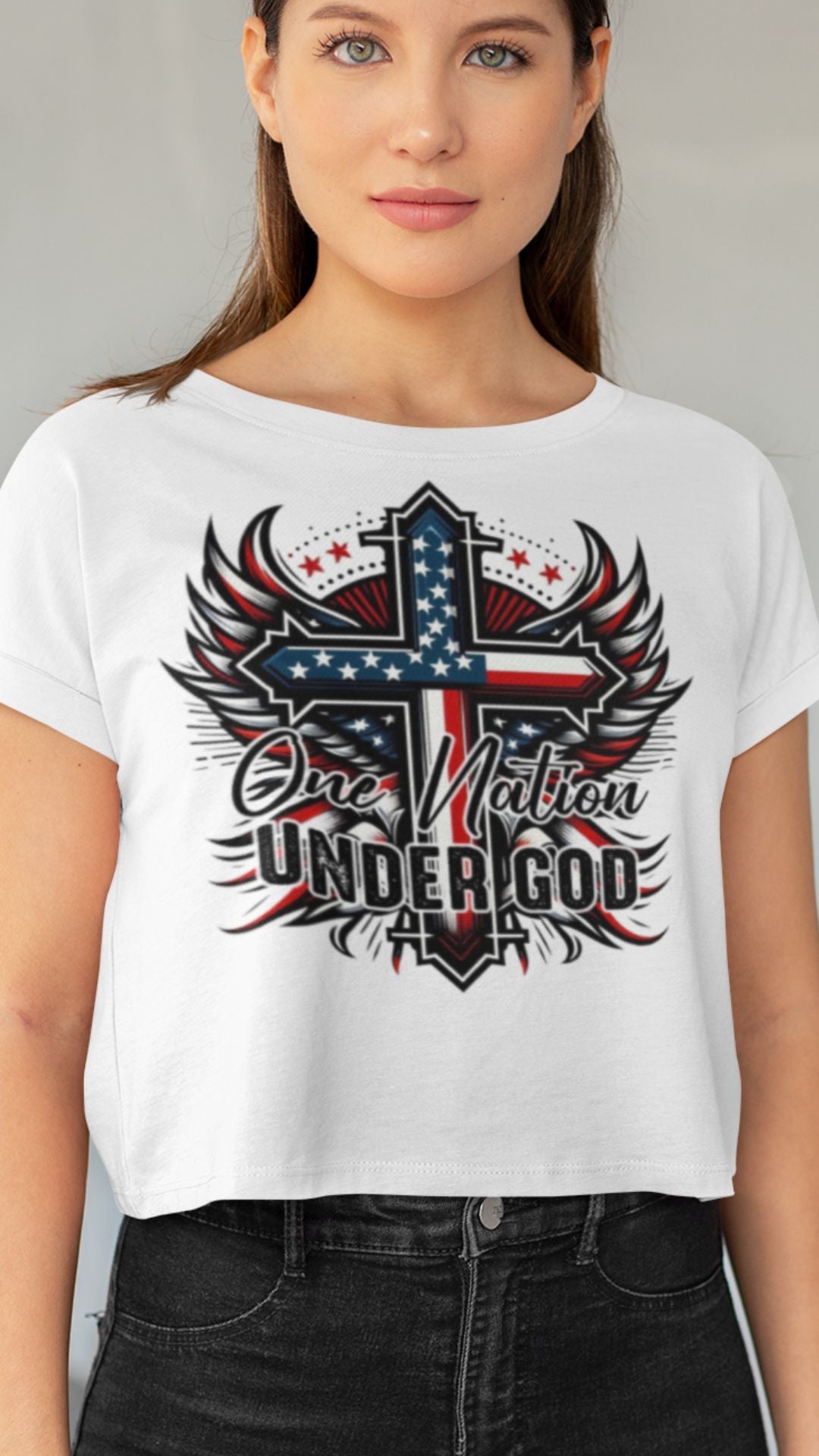 Crop Top  Patriotic Crop Top – Christian One Nation Under God White Fourth of July Shirt Infidel Collective