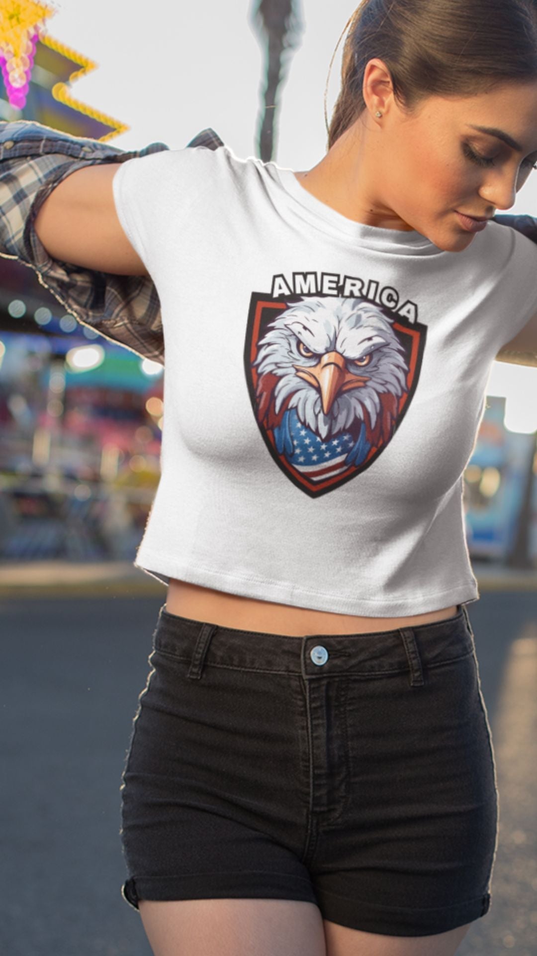 Crop Top  Patriotic Crop Top – America Eagle Crest White Fourth of July Shirt Women Infidel Collective