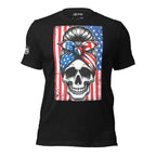 Patriotic skull bandana front print tee with skull wearing American flag head wrap in front of distressed American flag on black shirt