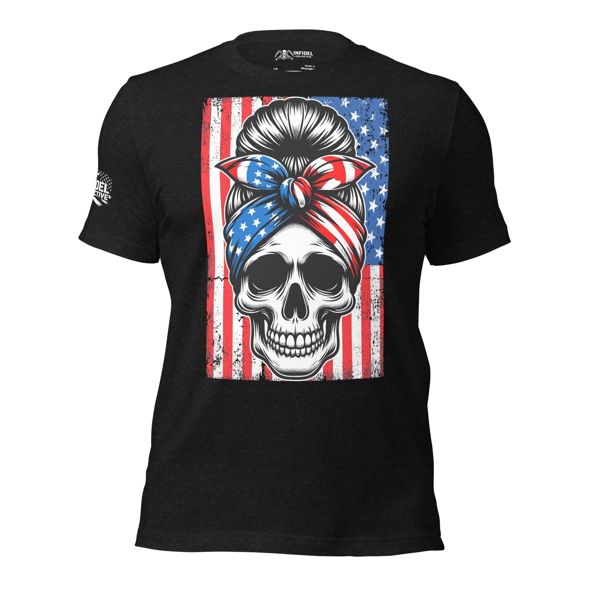 Patriotic skull bandana front print tee with skull wearing American flag head wrap in front of distressed American flag on black shirt