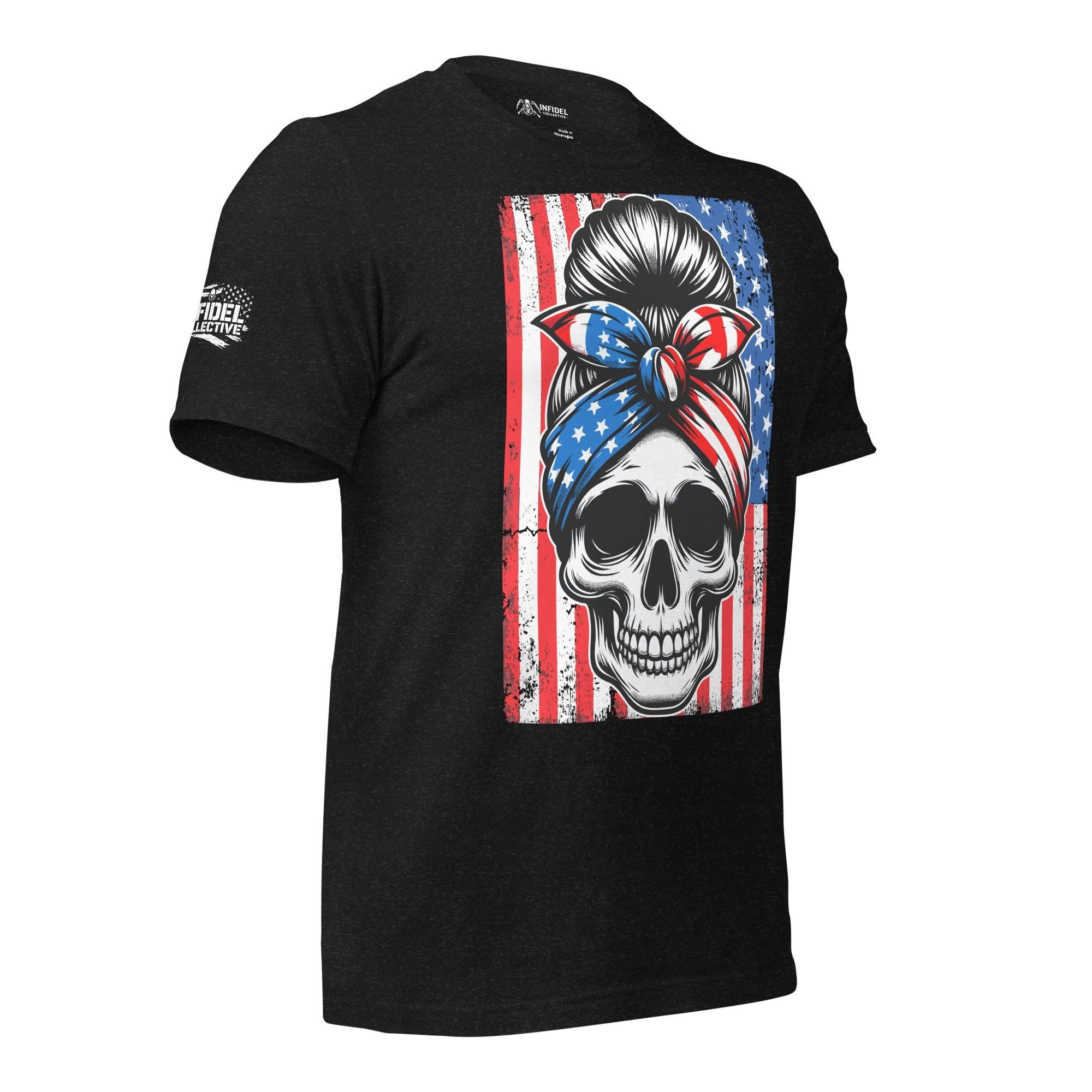 Patriotic skull bandana front print tee with skull wearing American flag head wrap in front of distressed American flag on black shirt